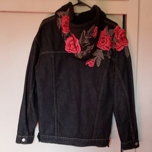 Black Denim Hooded Jacket with Rose Applique